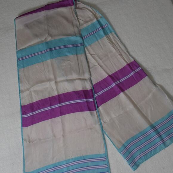 Vtg Evan Picone Designer Scarf Pink Plum Turquoise Strips Semi-Sheer 10"x51.5" - Picture 4 of 8